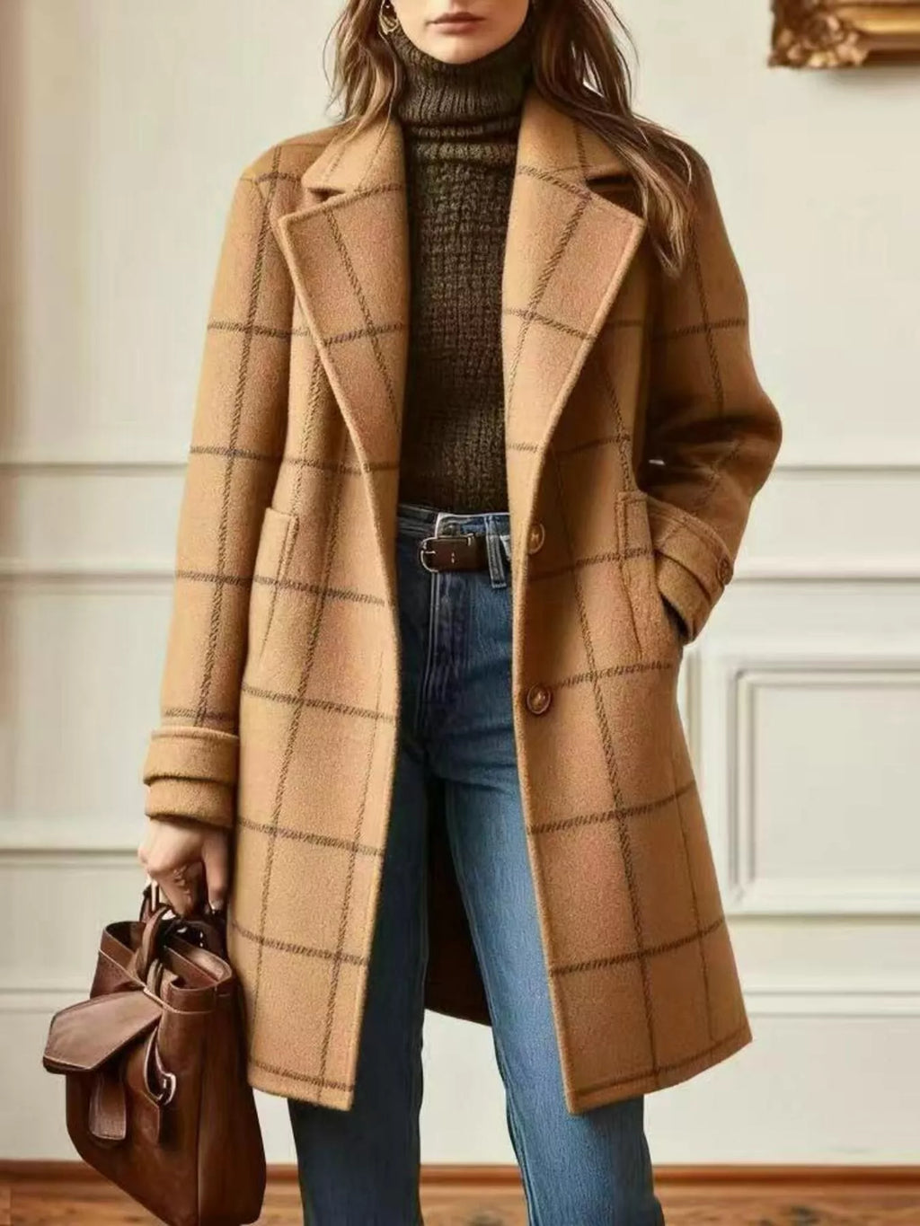Full Size Plaid Lapel Collar Longline Single-Breasted Overcoat Plus Size