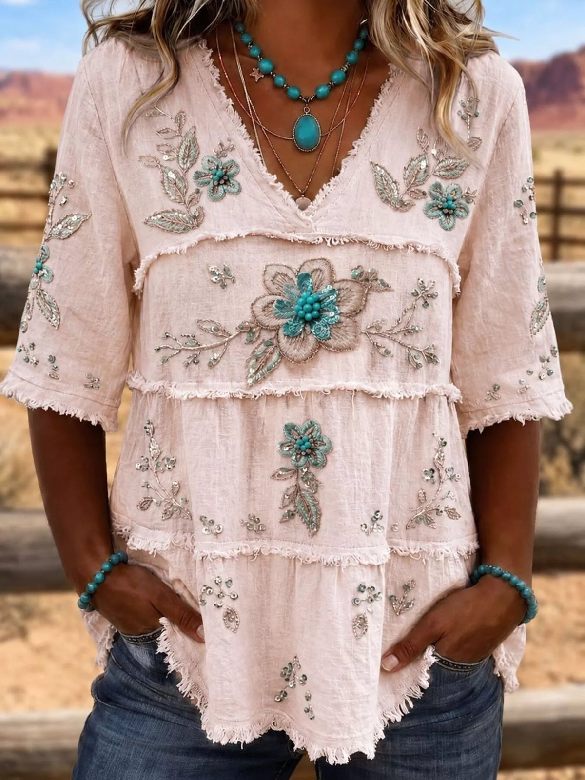 Full Size Floral Raw Hem V-Neck Blouse Plus Size