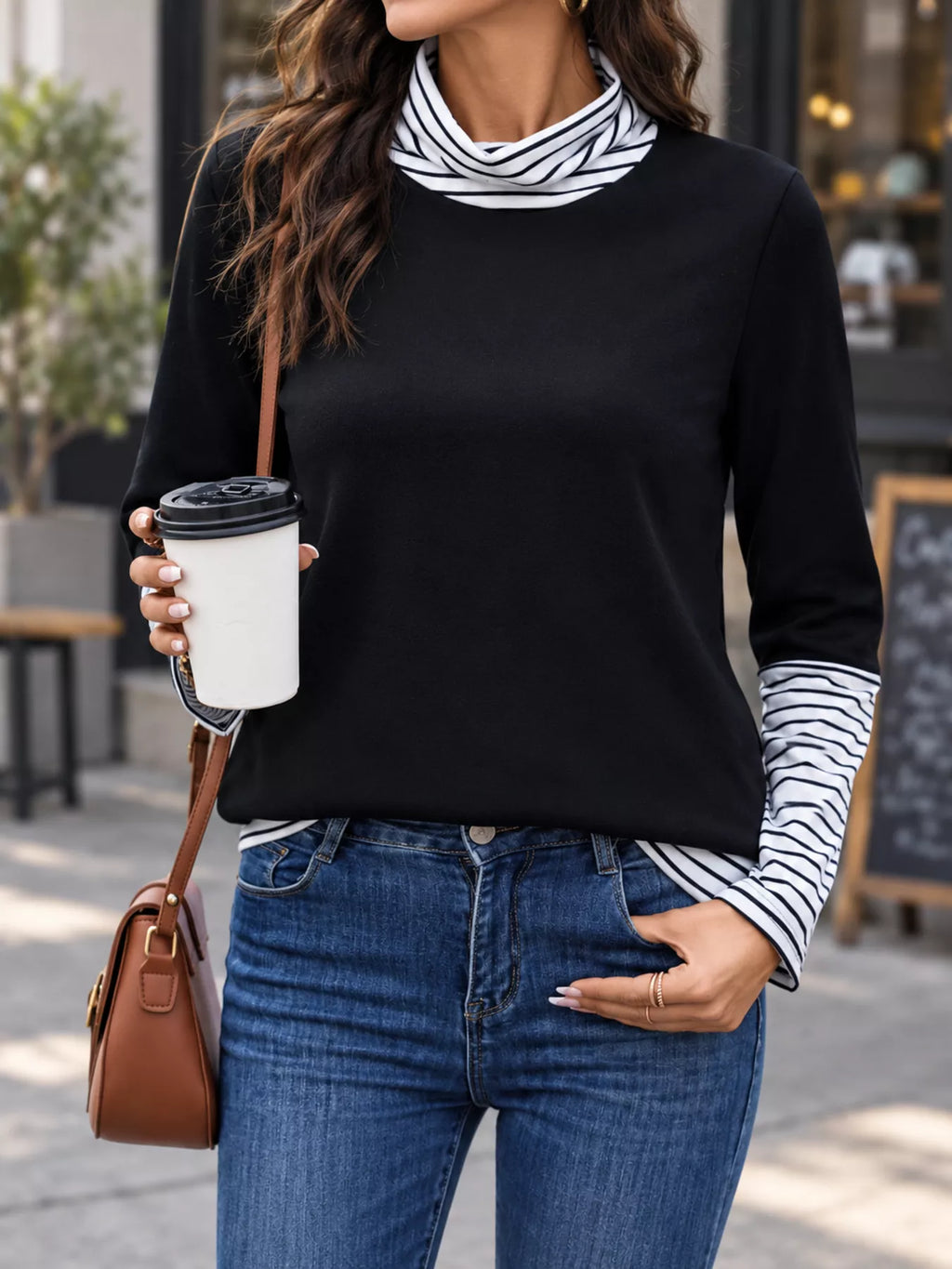 Layered Look Mock Neck Striped Trim Long Sleeve Blouse