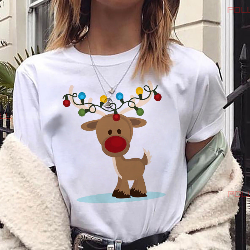 European And American Women's Clothing Merry Christmas Happy Short-sleeved T-shirt Women's Top Women's Round Neck