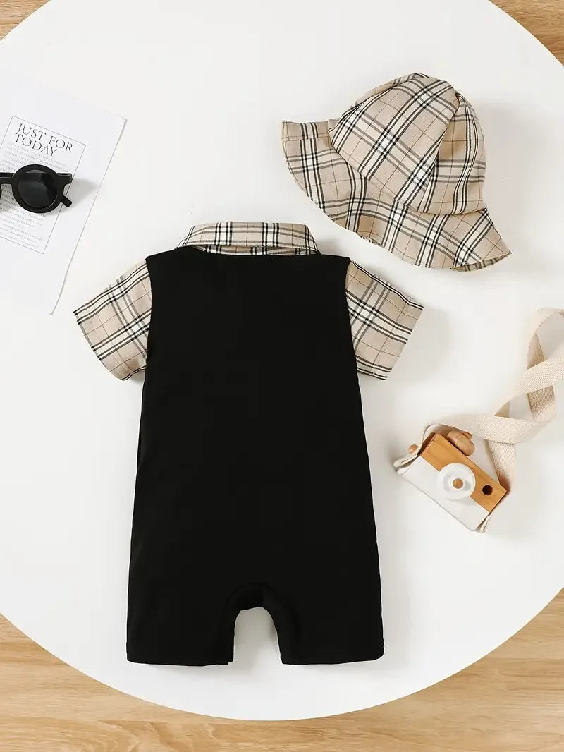 Children's Hat and Plaid Short Sleeve One-Piece Romper