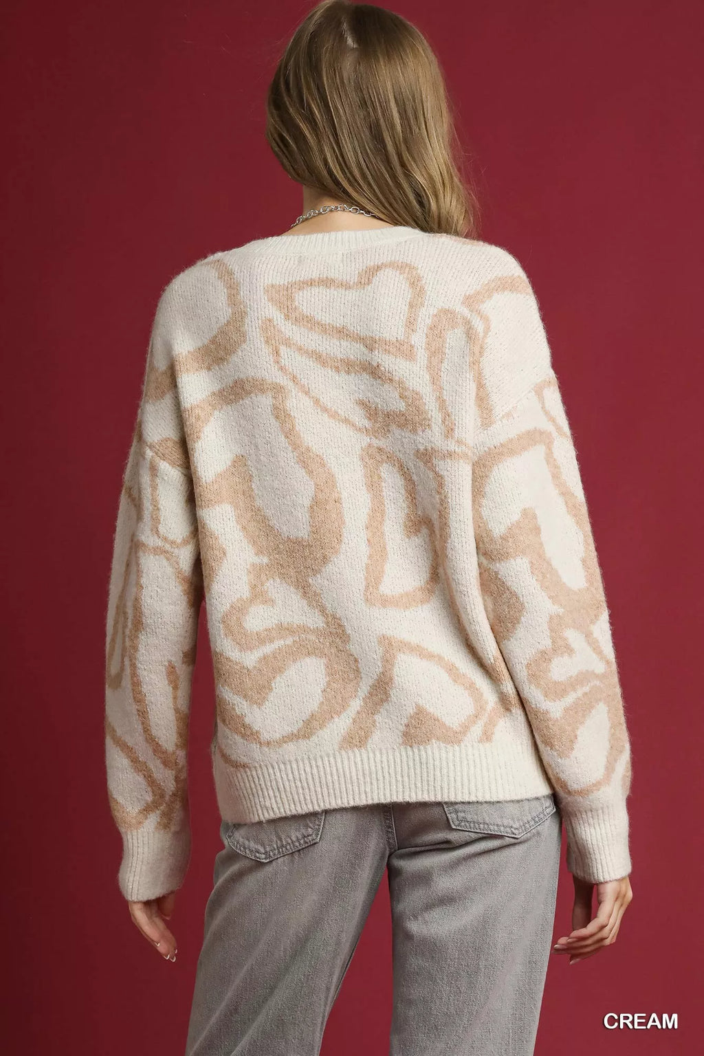 Umgee Heart Print Crew Neck Sweater