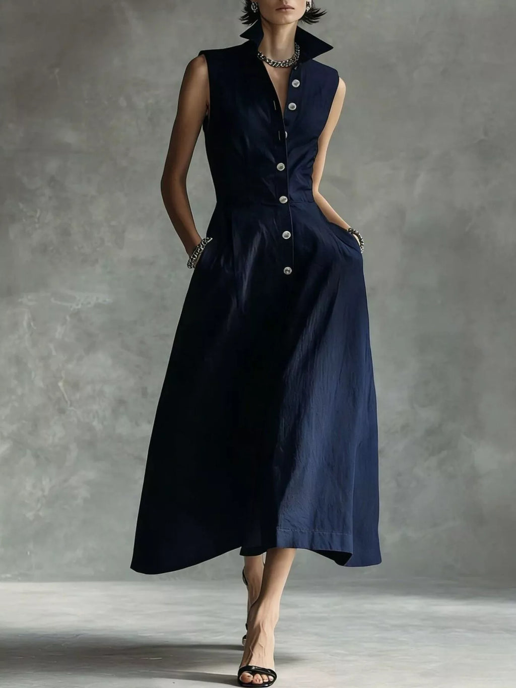 Sleeveless Button-Down Midi Shirt Dress