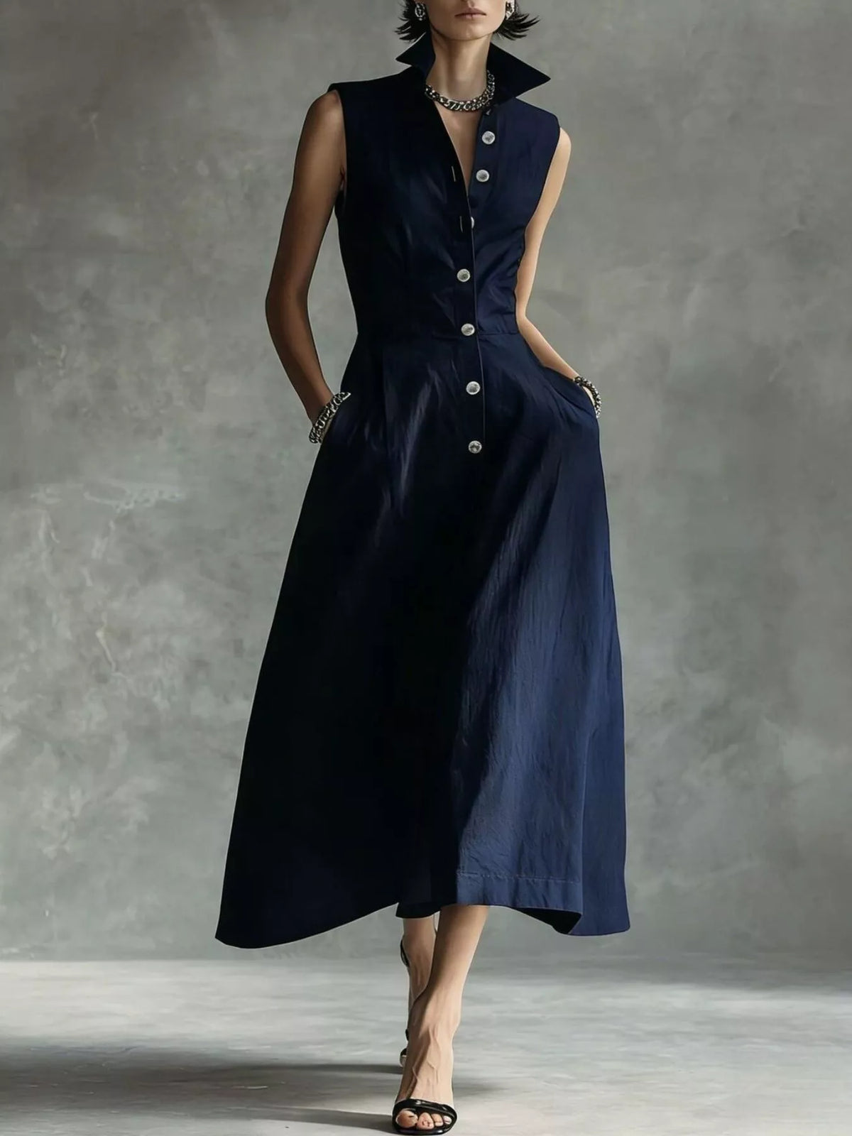 Sleeveless Button-Down Midi Shirt Dress