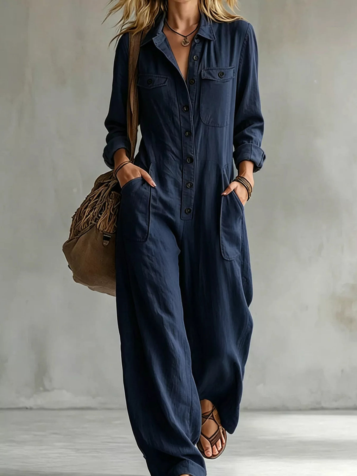 Full Size Long Sleeve Button Front Jumpsuit Plus Size