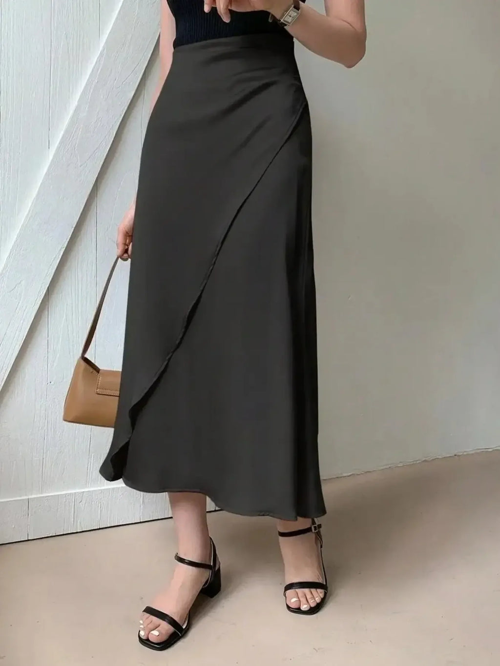Asymmetric Wrap Midi Skirt with Fluted Hem