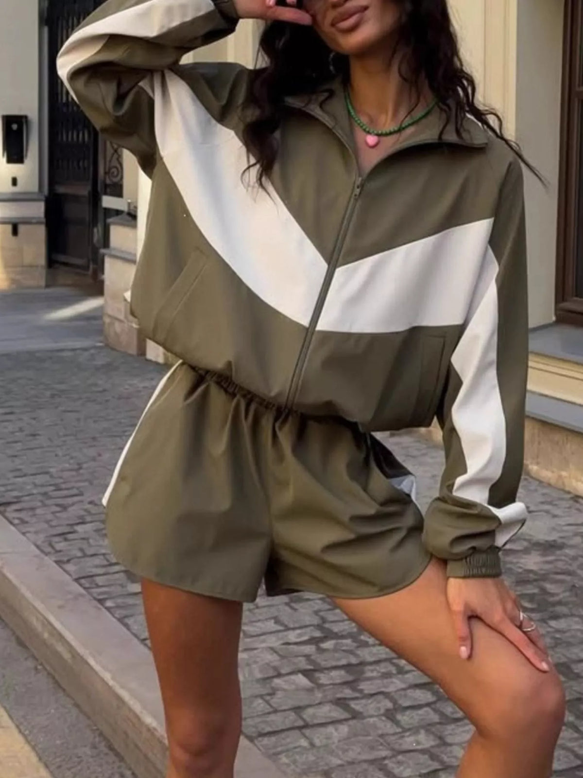 Color-Block Zip-Up Jacket and Shorts Set