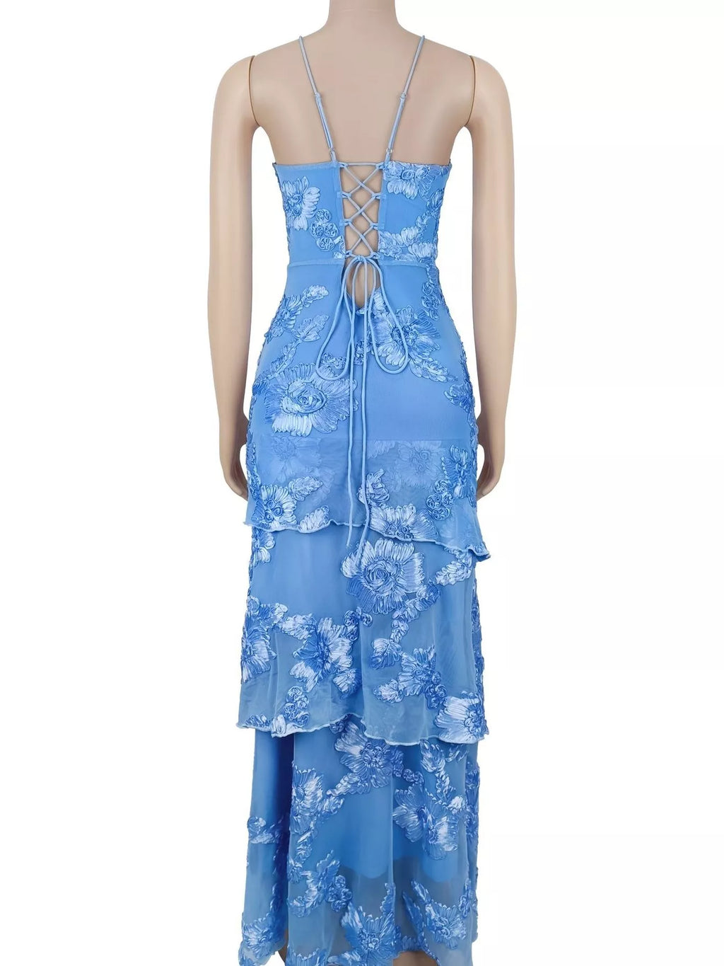 Floral Applique Tiered Maxi Dress with Lace Up Detail