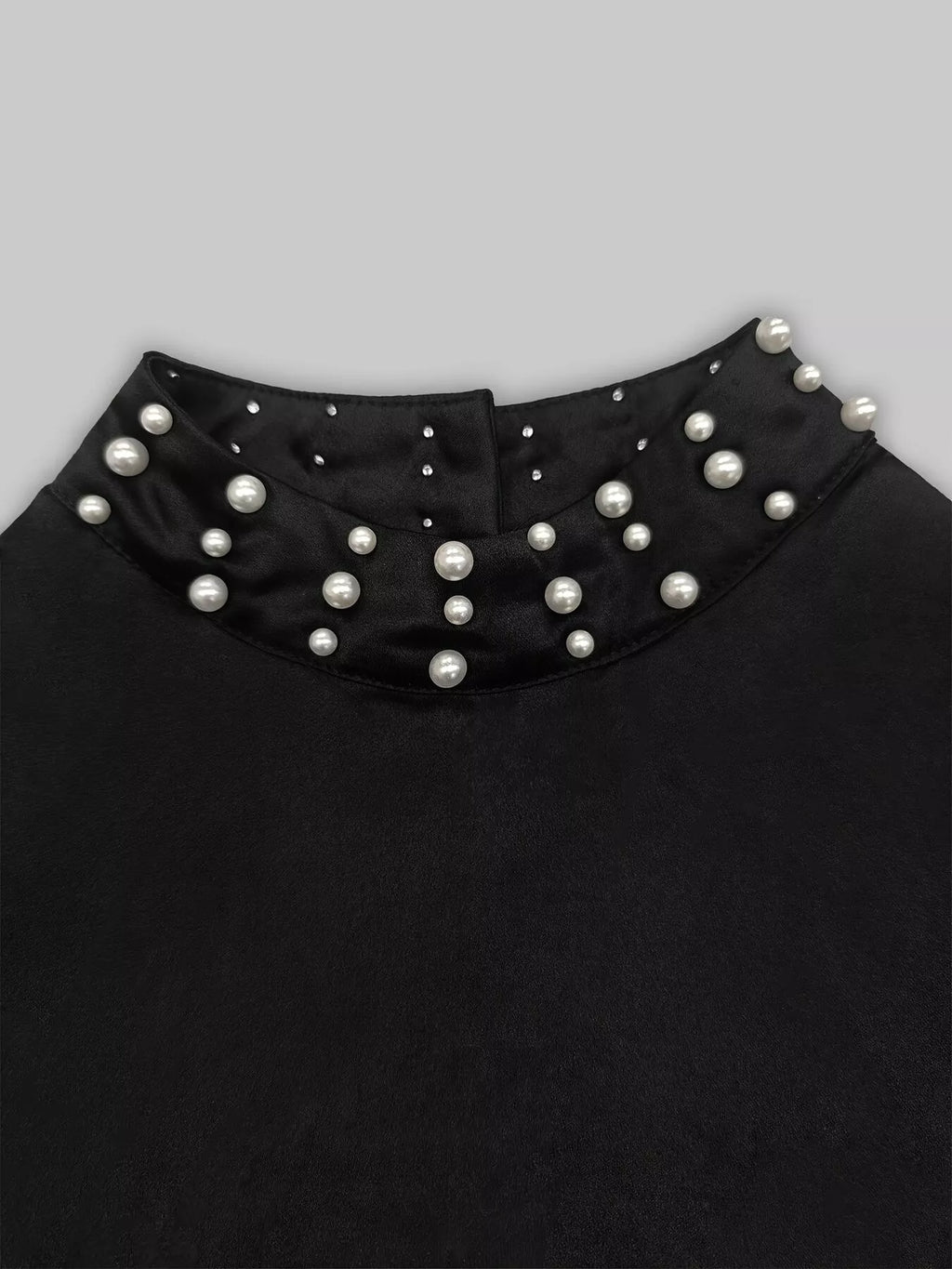 Pearl-Embellished Mock Neck Ruffle Hem Dress