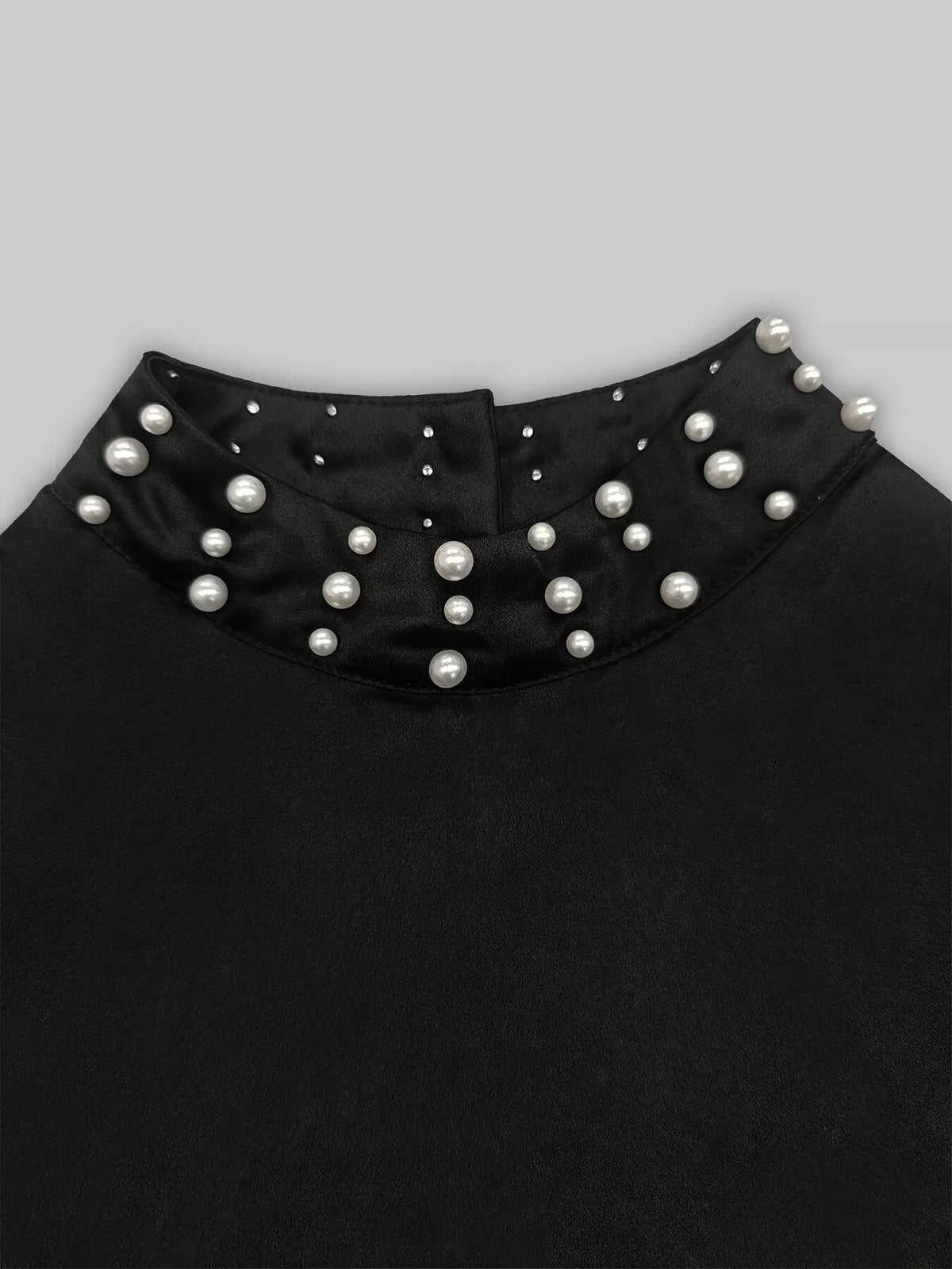 Pearl-Embellished Mock Neck Ruffle Hem Dress