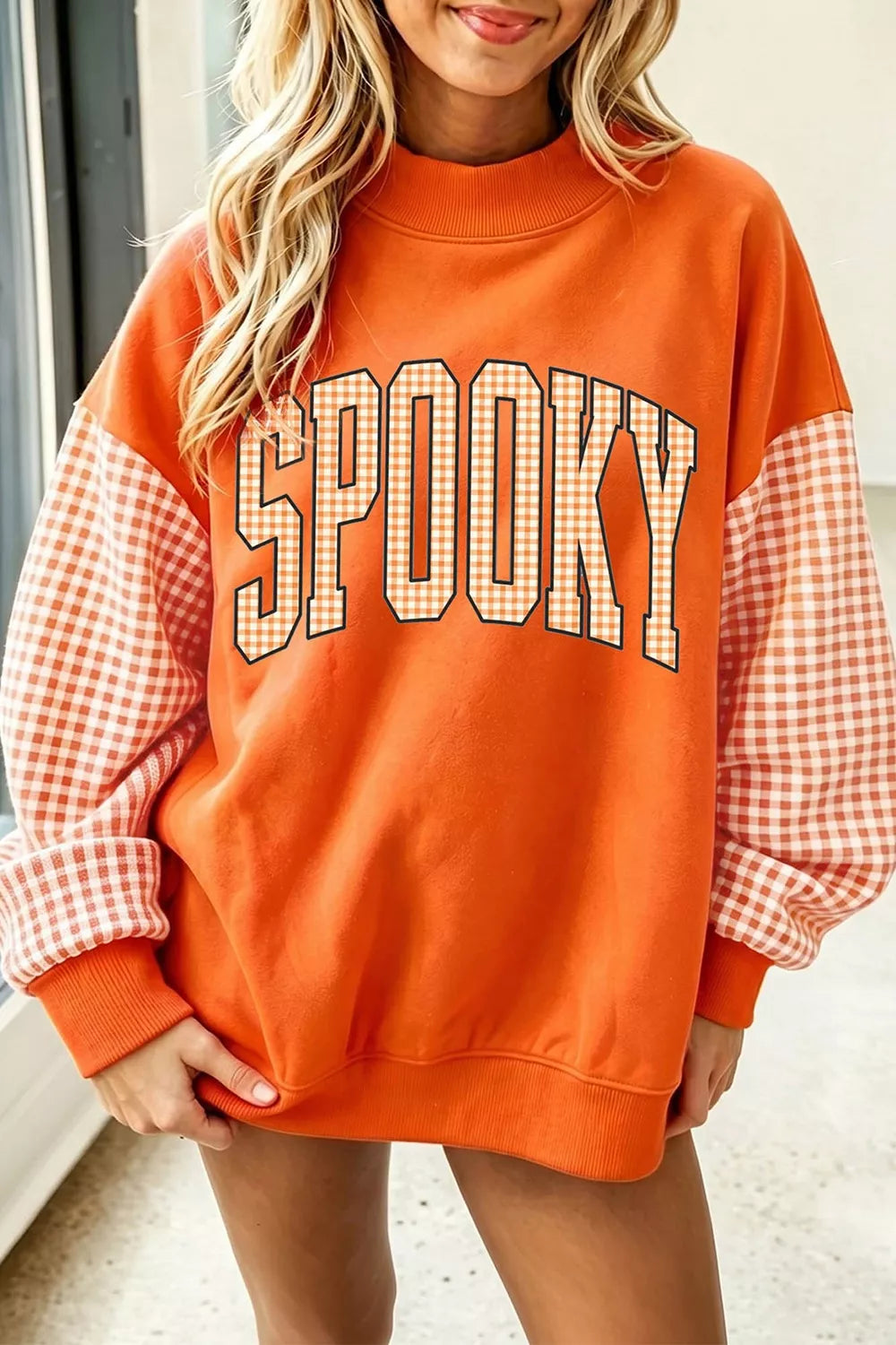 Plaid Contrast Sleeve SPOOKY Letter Graphic Sweatshirt