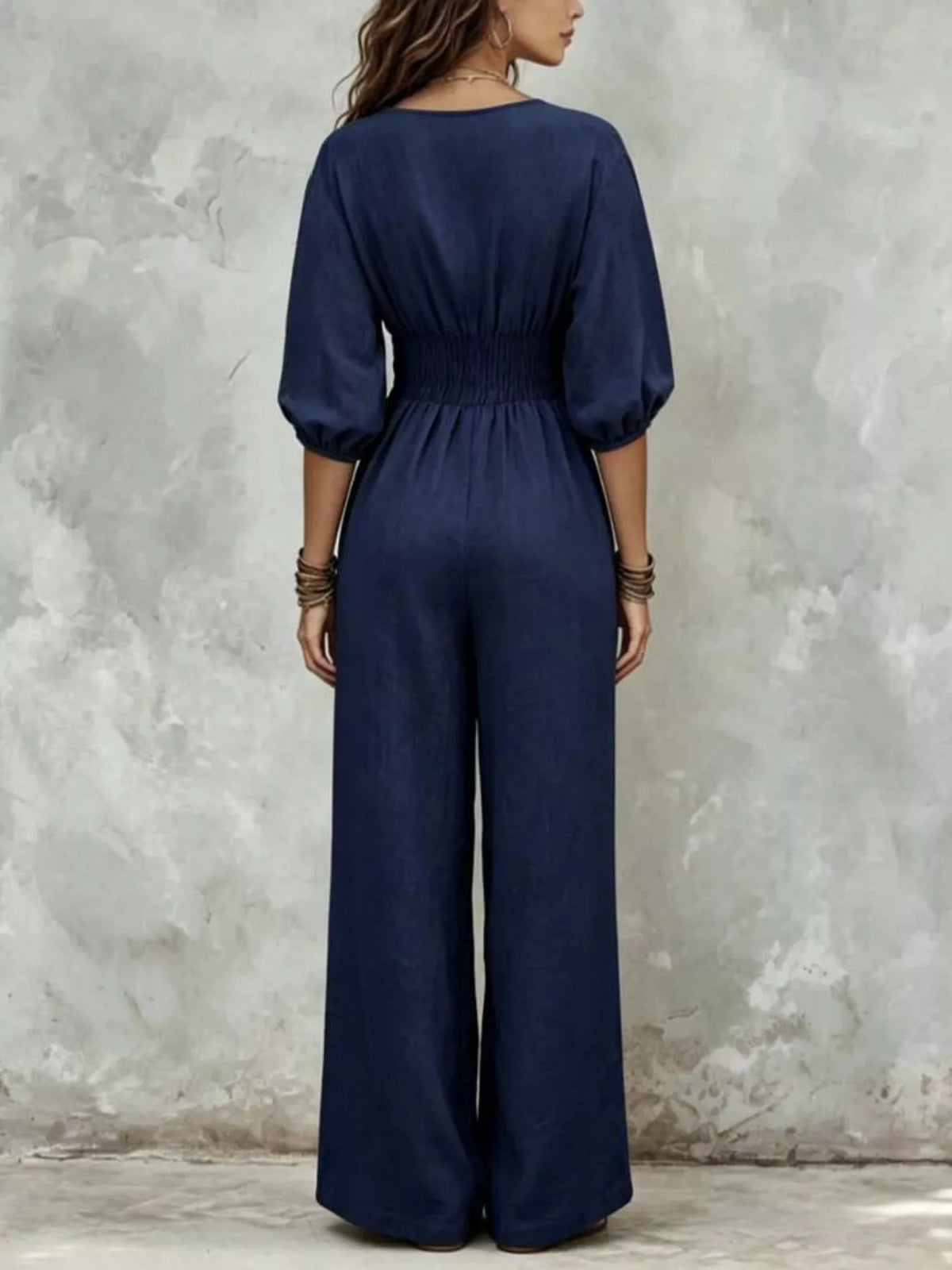 V-Neck Smocked Waist Wide-Leg Jumpsuit
