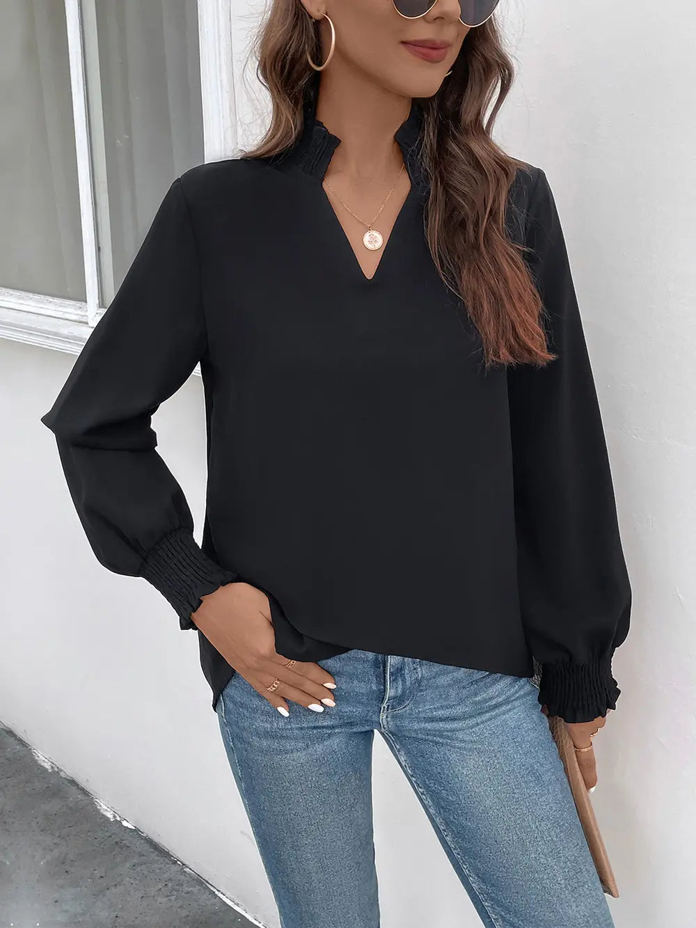 Smocked Notched Neck Long Sleeve Blouse with Bishop Sleeves