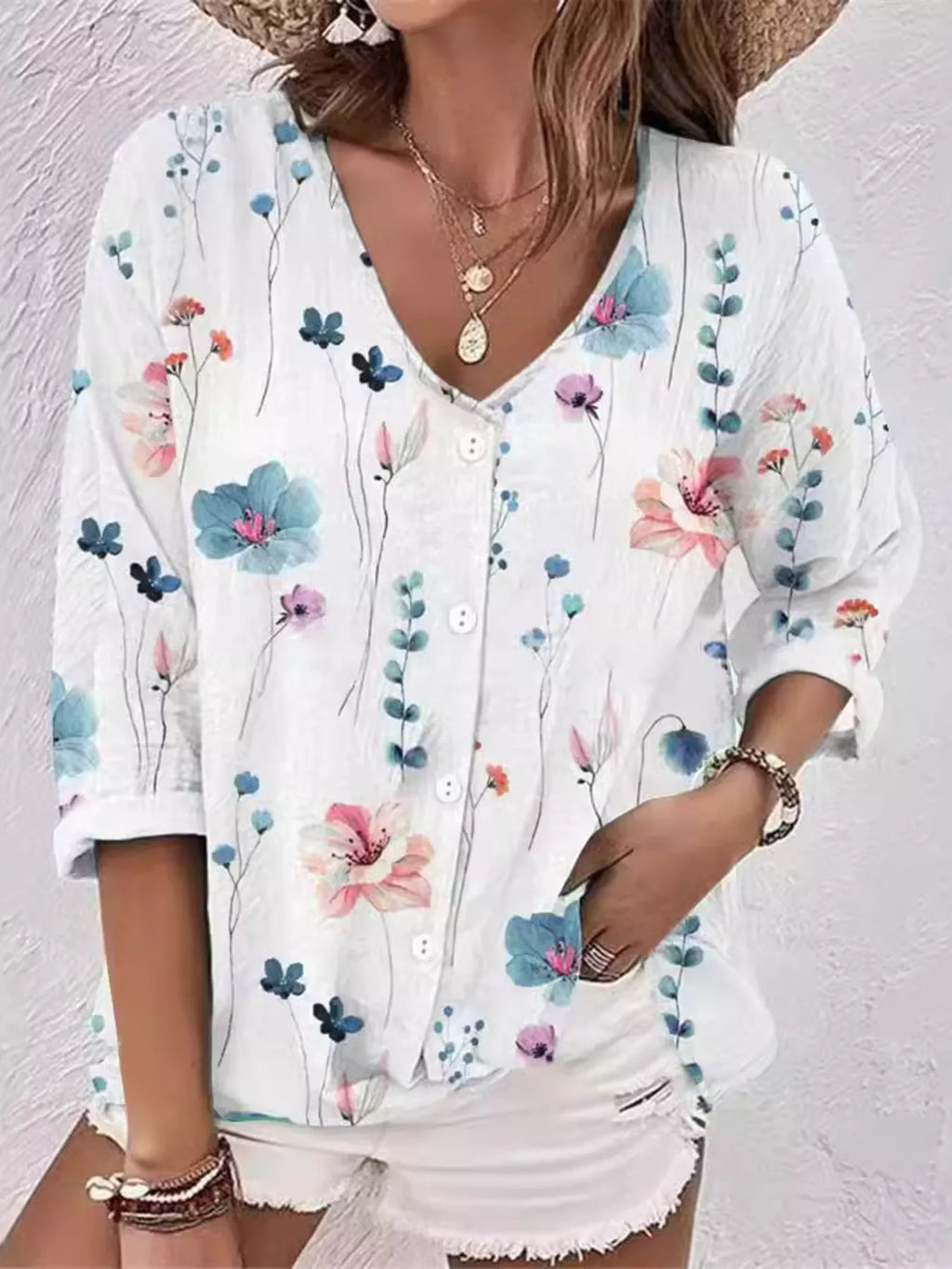 Floral Print V-Neck Button-Down Shirt