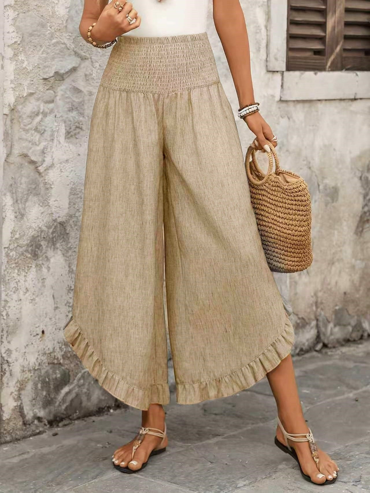 Solid-color Loose-fit, Ruched Elastic-waist Cropped Wide-leg Pants