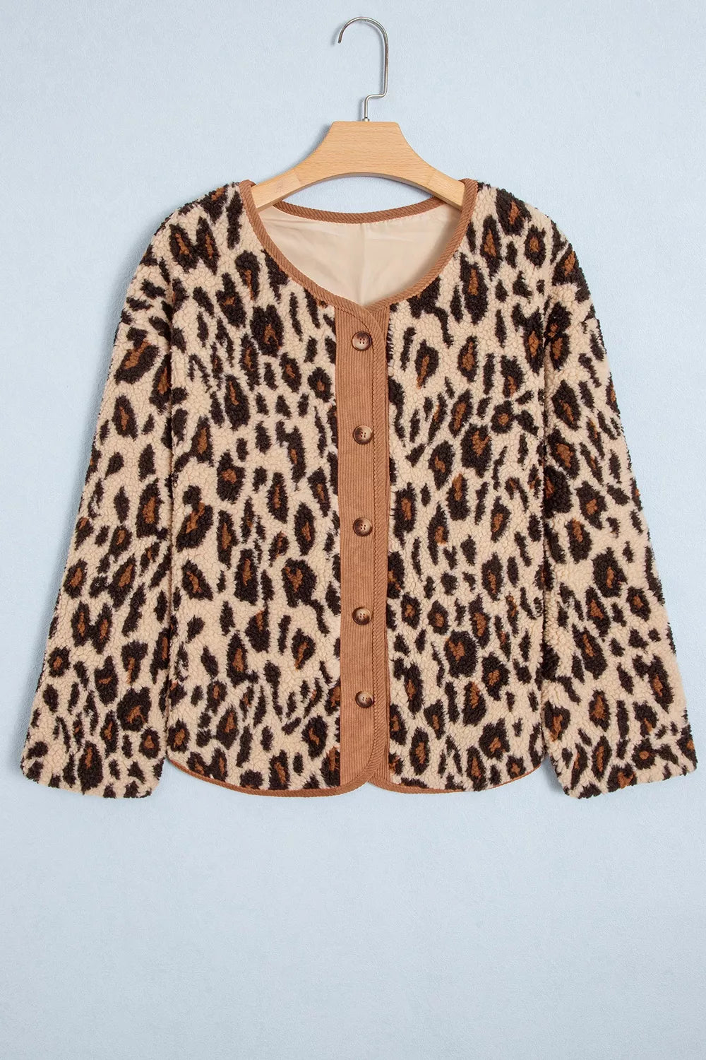 Leopard Plush Corduroy Trim Long Sleeve Jacket