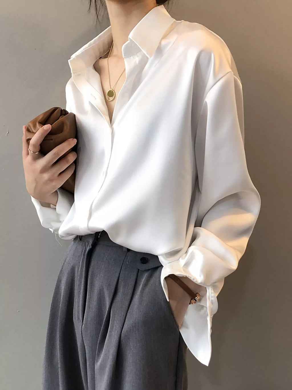 Satin Button-Down Long Sleeve Shirt