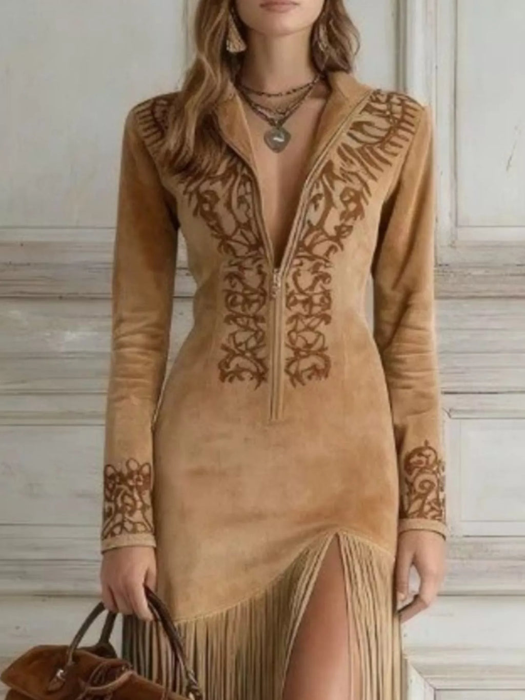 Full Size Western-Inspired Suede Fringed Maxi Dress with Embroidered Detailing Plus Size