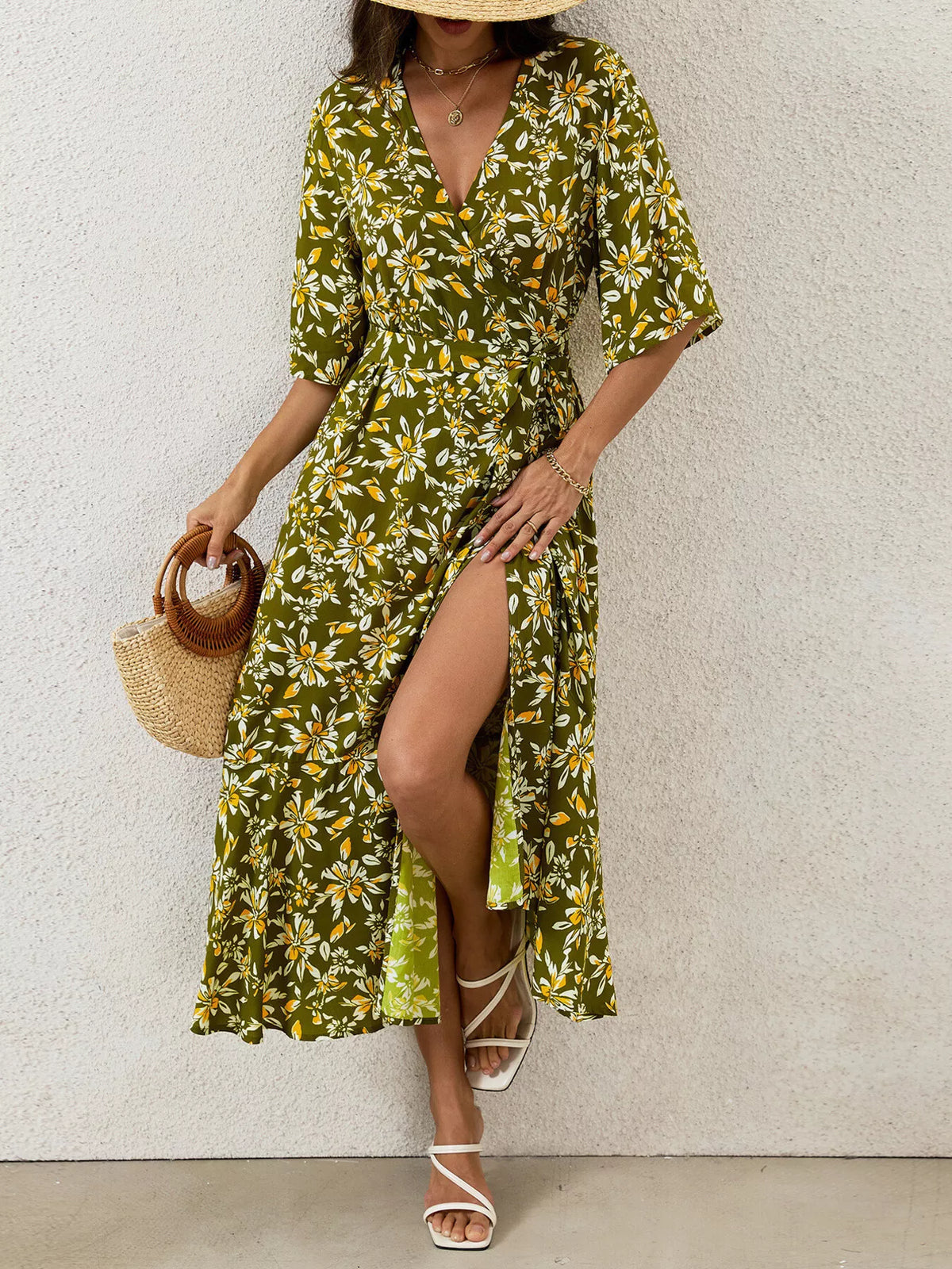 Slit Printed Surplice Midi Dress