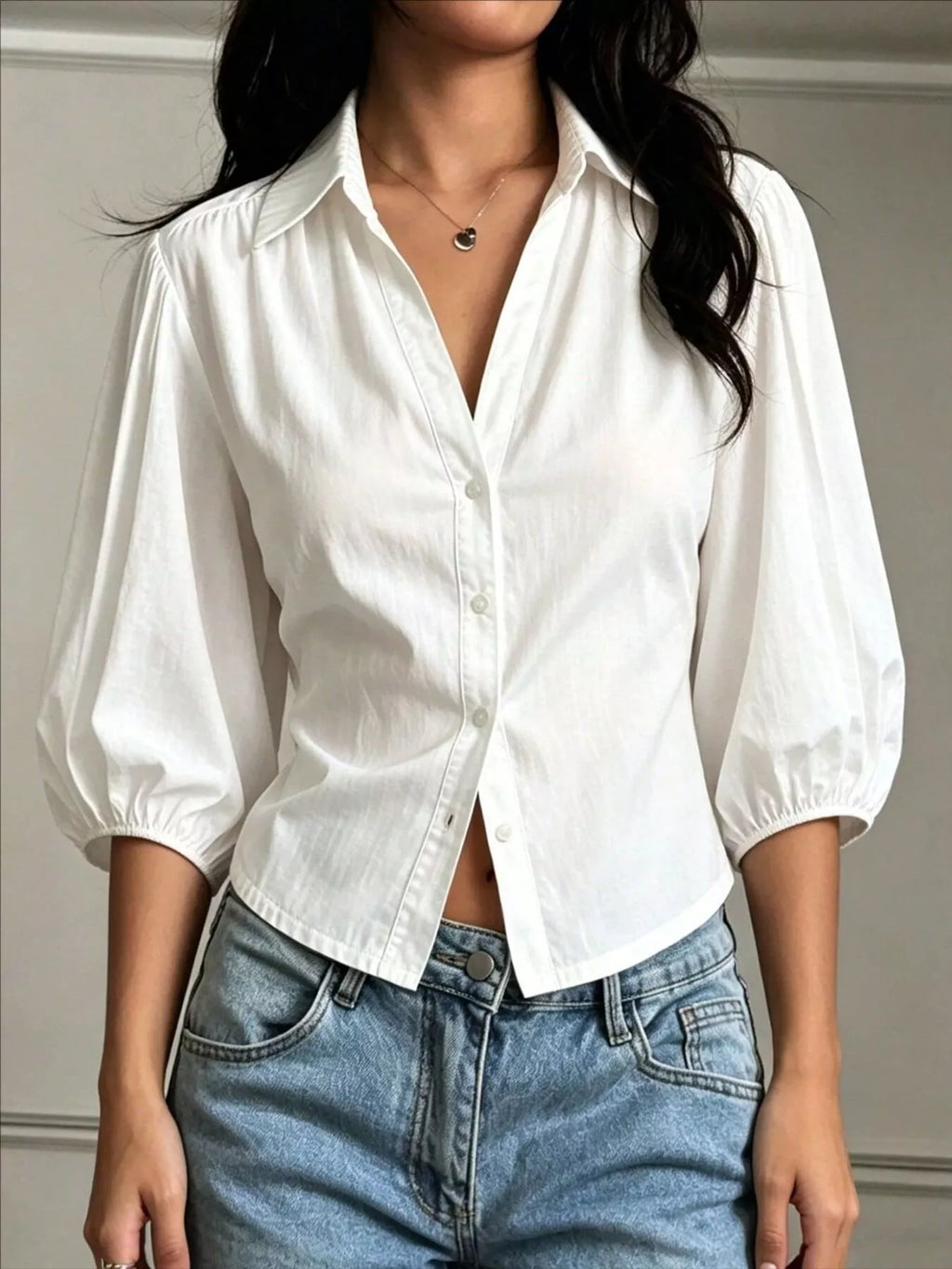 Button-Down Shirt with Puff Sleeves
