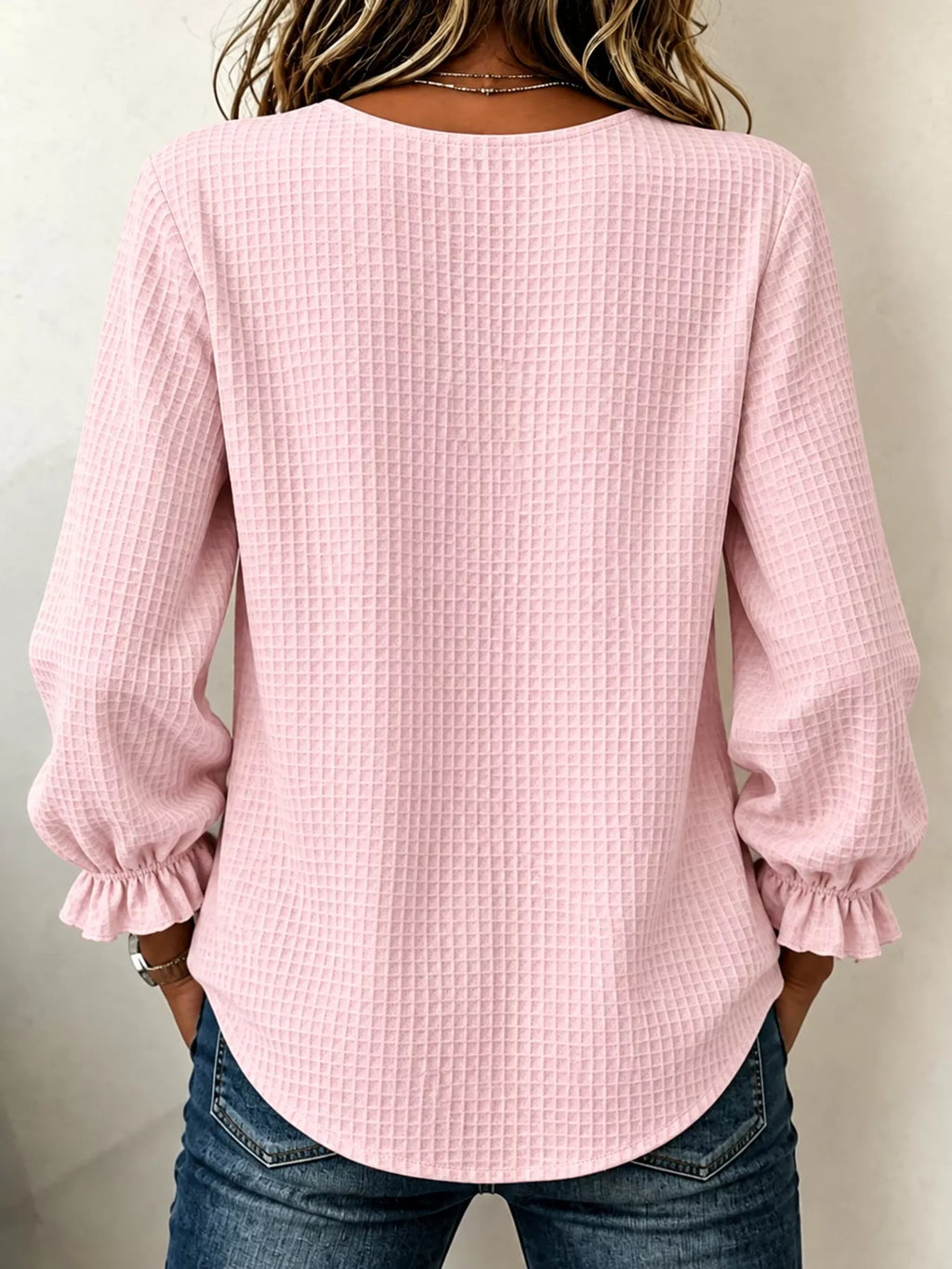 Full Size Waffle Knit Flounce Sleeve Blouse Plus Size