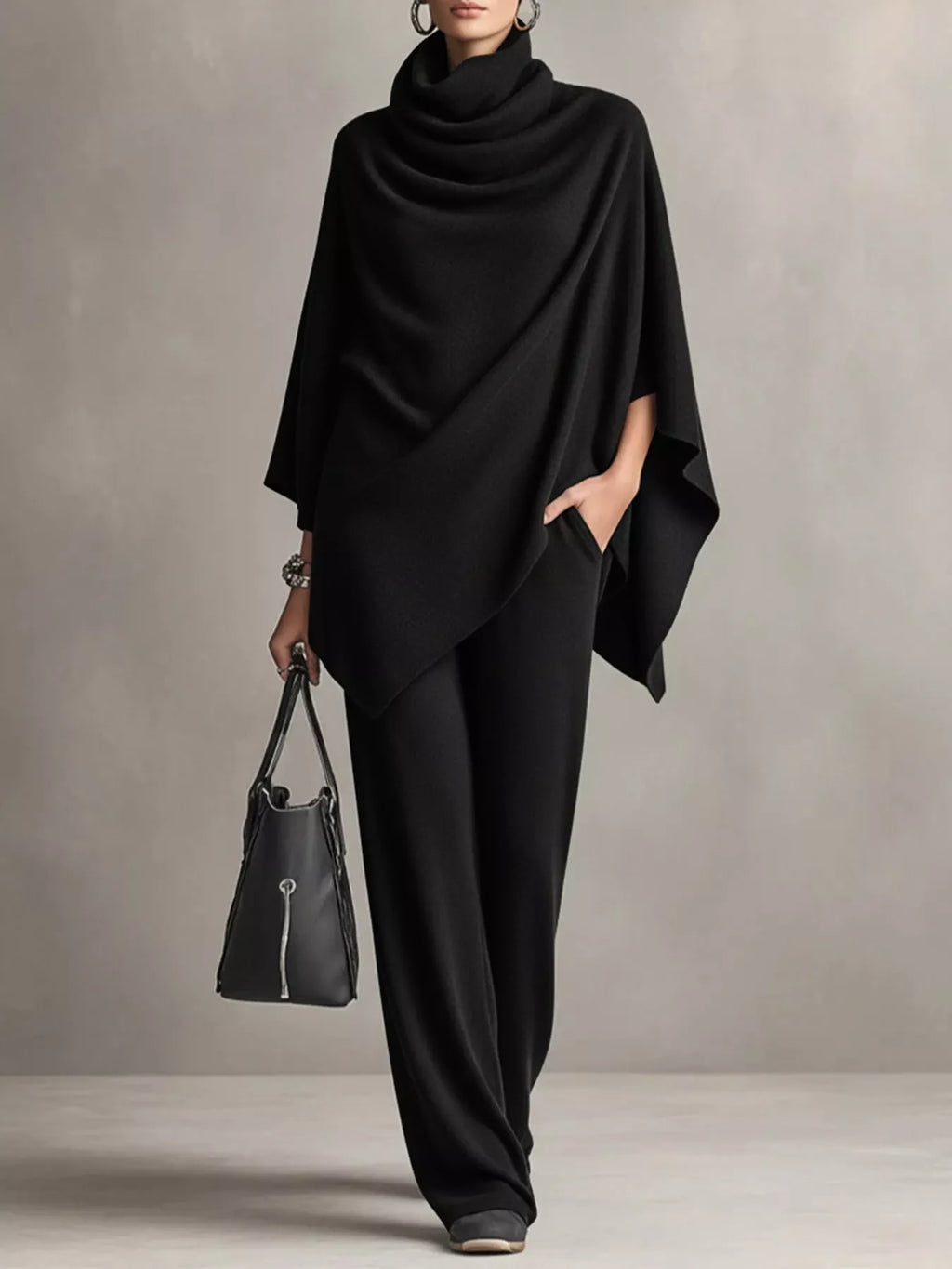Full Size Turtleneck Poncho and Wide-Leg Pants Set Plus Size