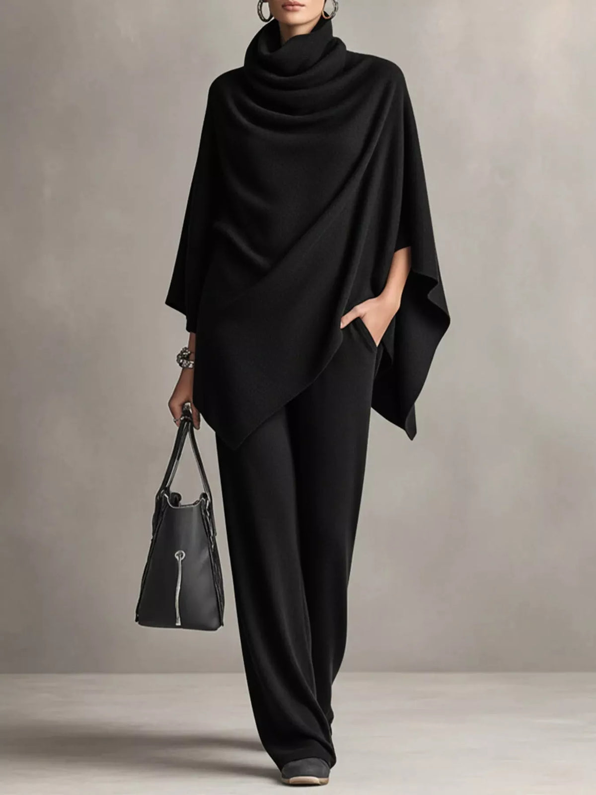 Full Size Turtleneck Poncho and Wide-Leg Pants Set Plus Size