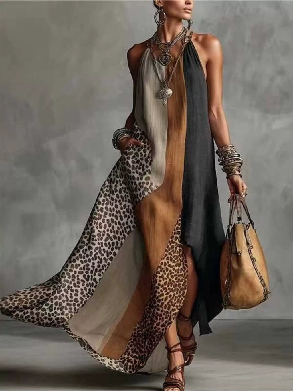 Color-Block Leopard Print Sleeveless Maxi Dress