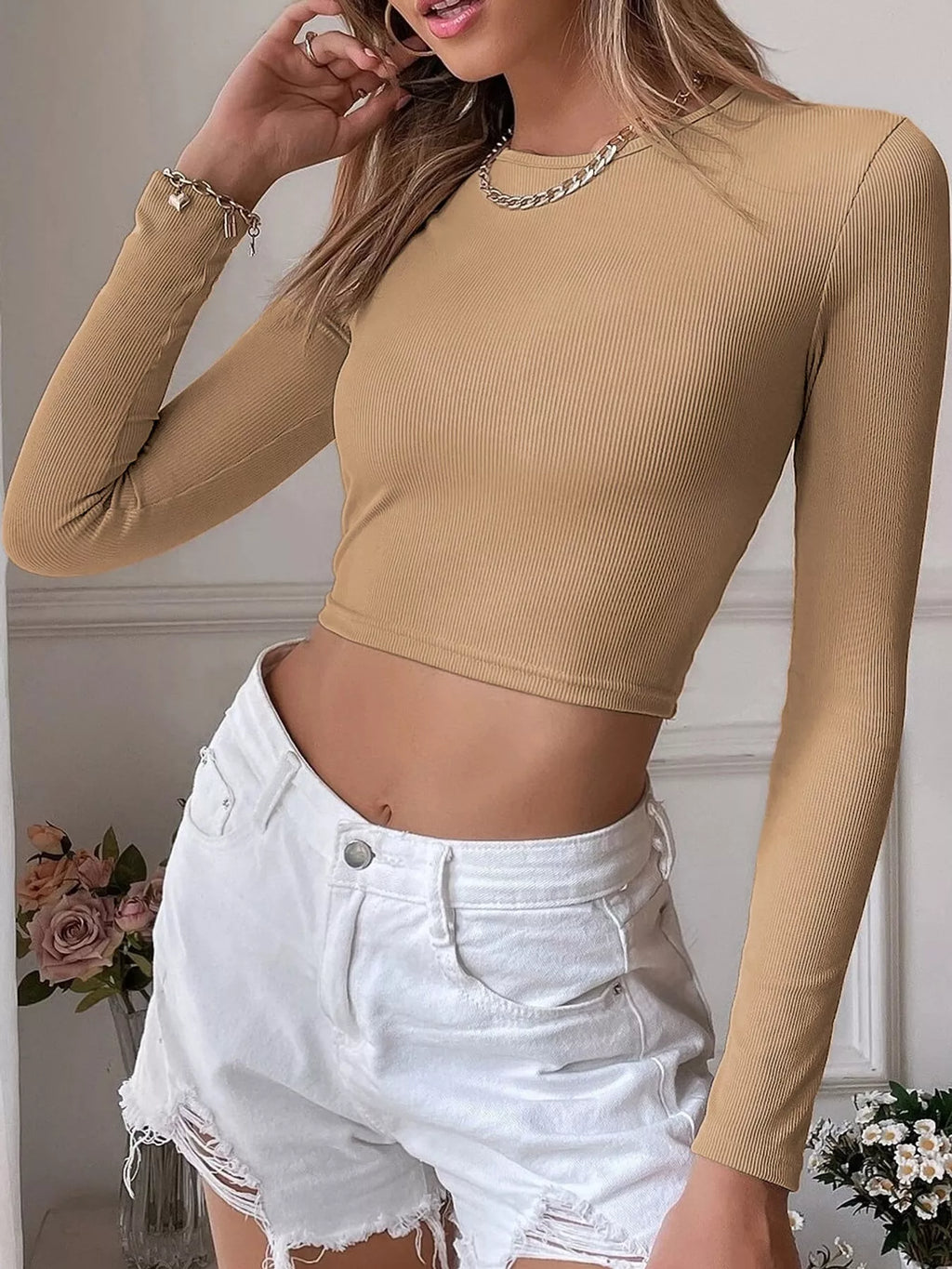 Cutout Back Long Sleeve Crop T-Shirt