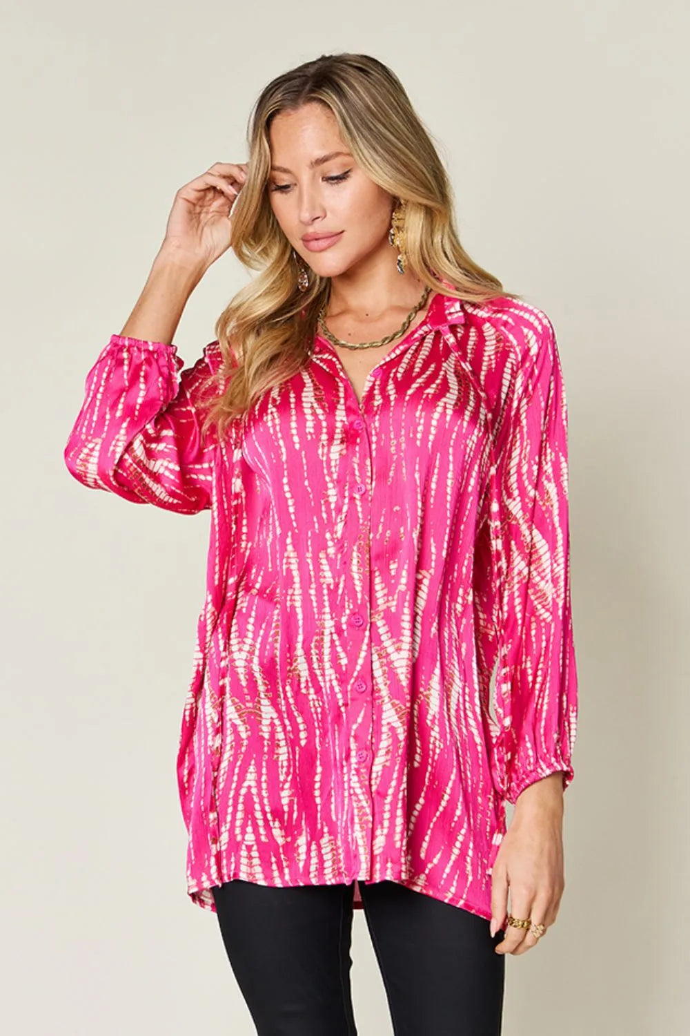 Printed Collared Button-Up Long Sleeve Shirt – Plus Size