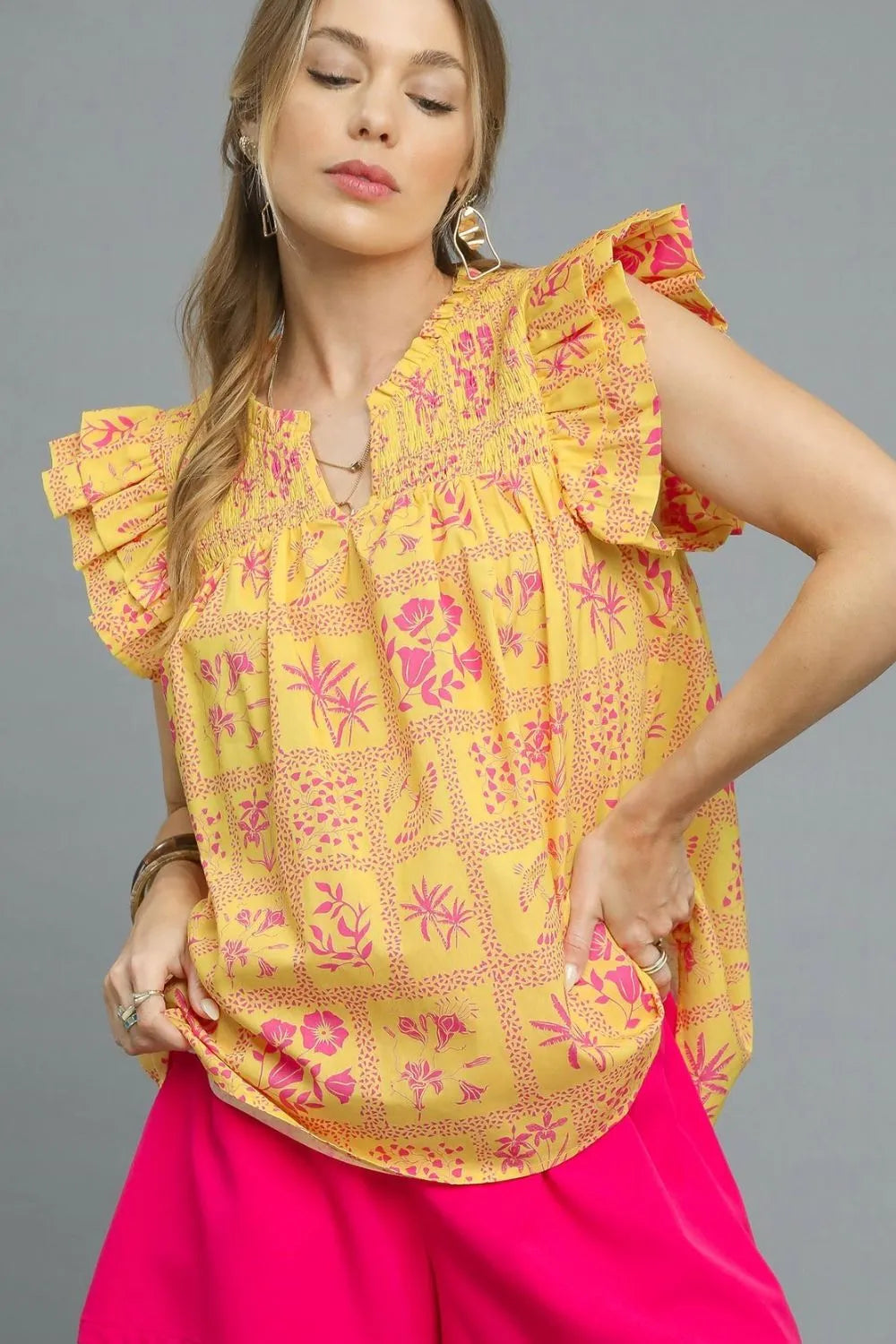 Umgee Printed Ruffle Cap Sleeve Blouse