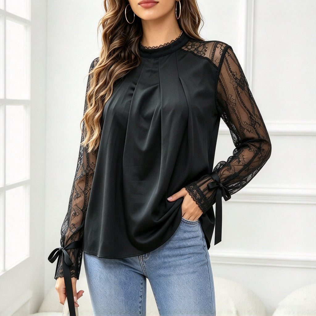 Women High Neck Pleated Blouse Lace Long Sleeve Bow Cuff Woven Top