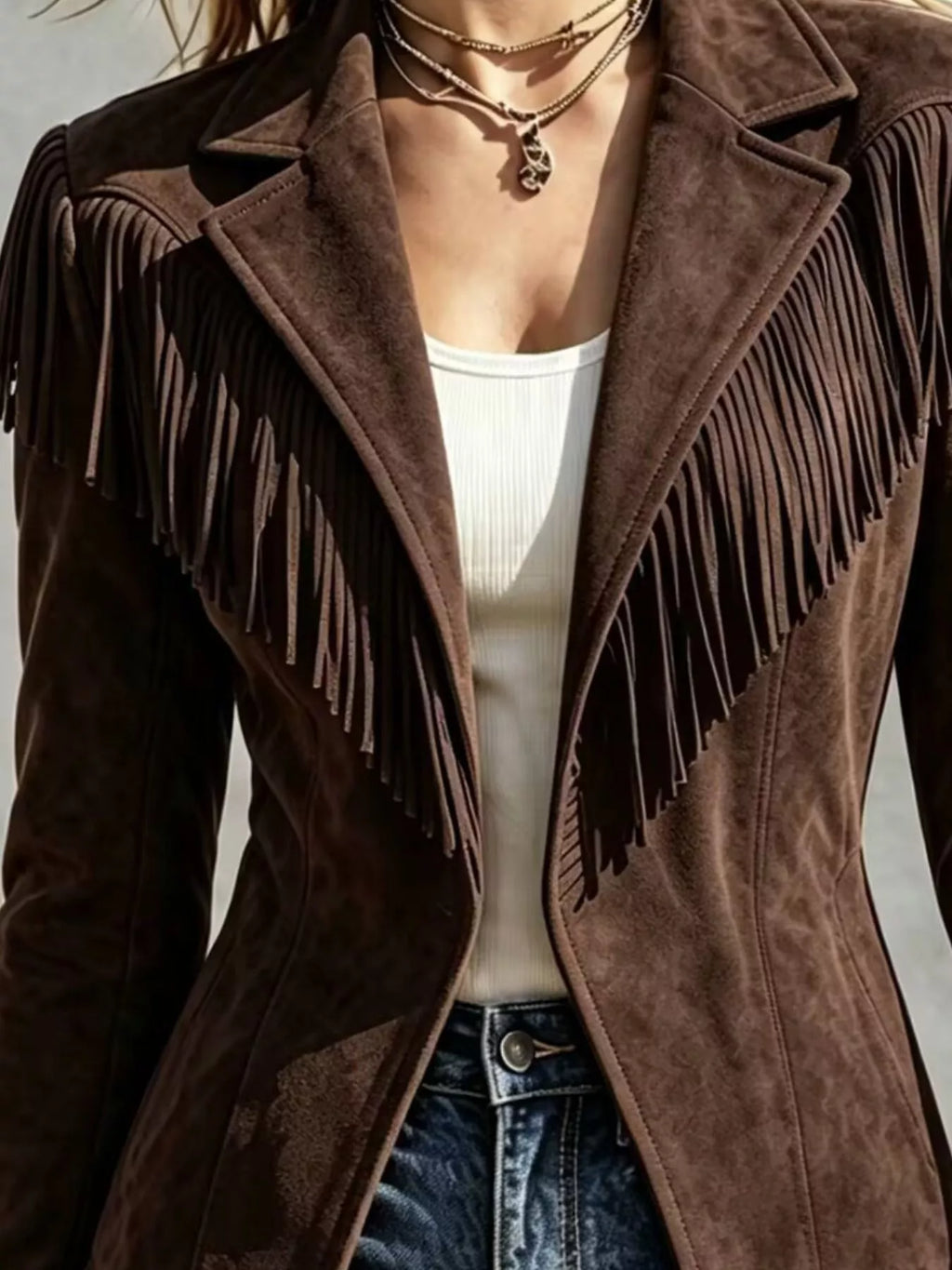 Western-Inspired Fringed Open Front Jacket