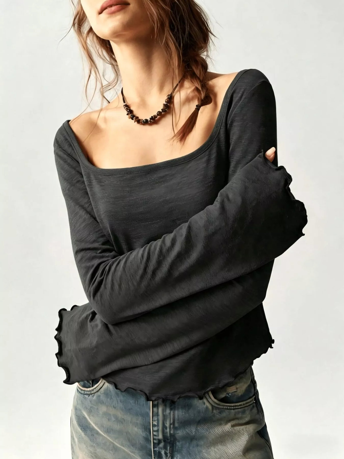 Long Sleeve Square Neck Slim-Fit T-Shirt