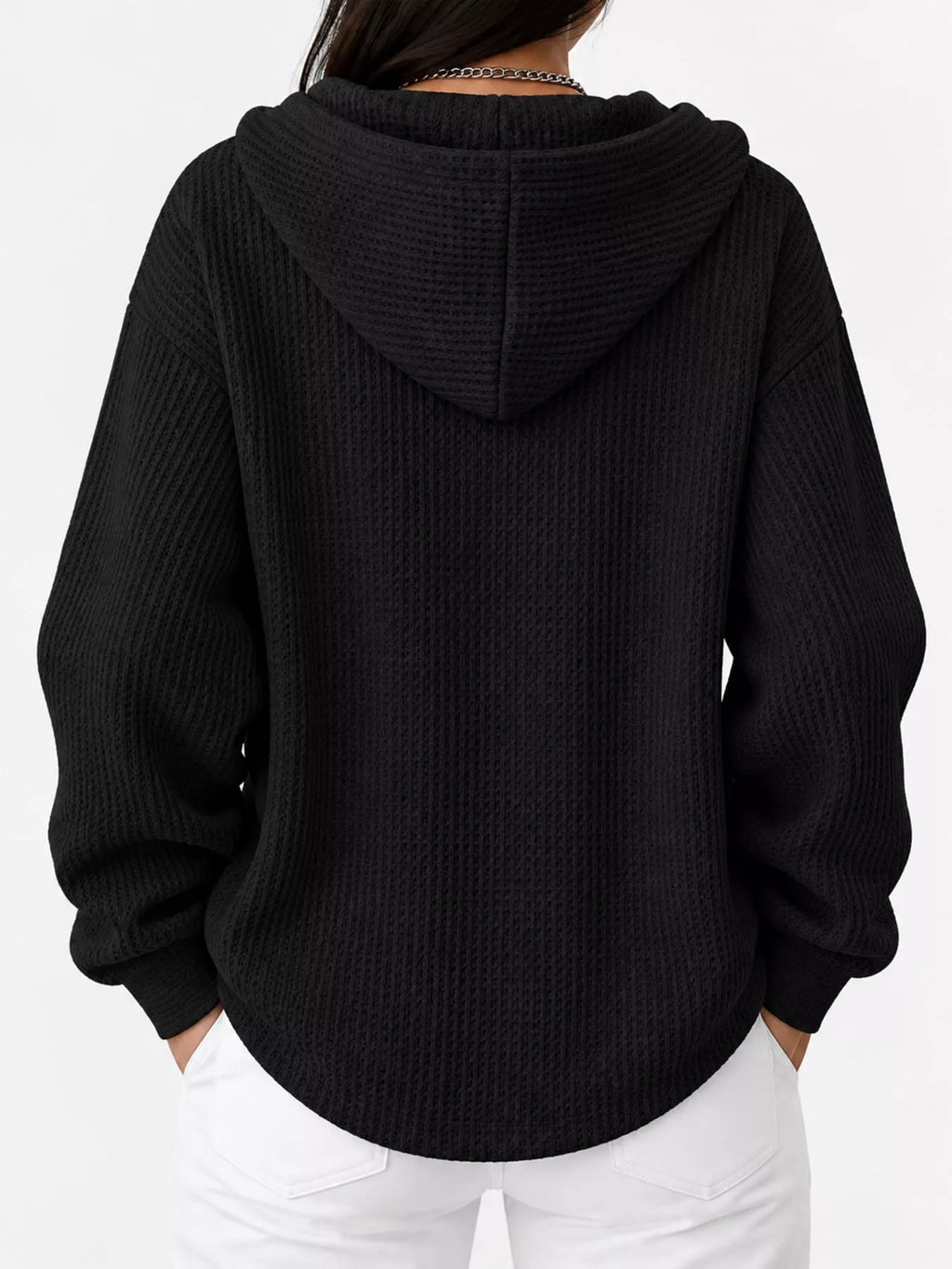Full Size Waffle Knit Button Detail Hoodie Plus Size