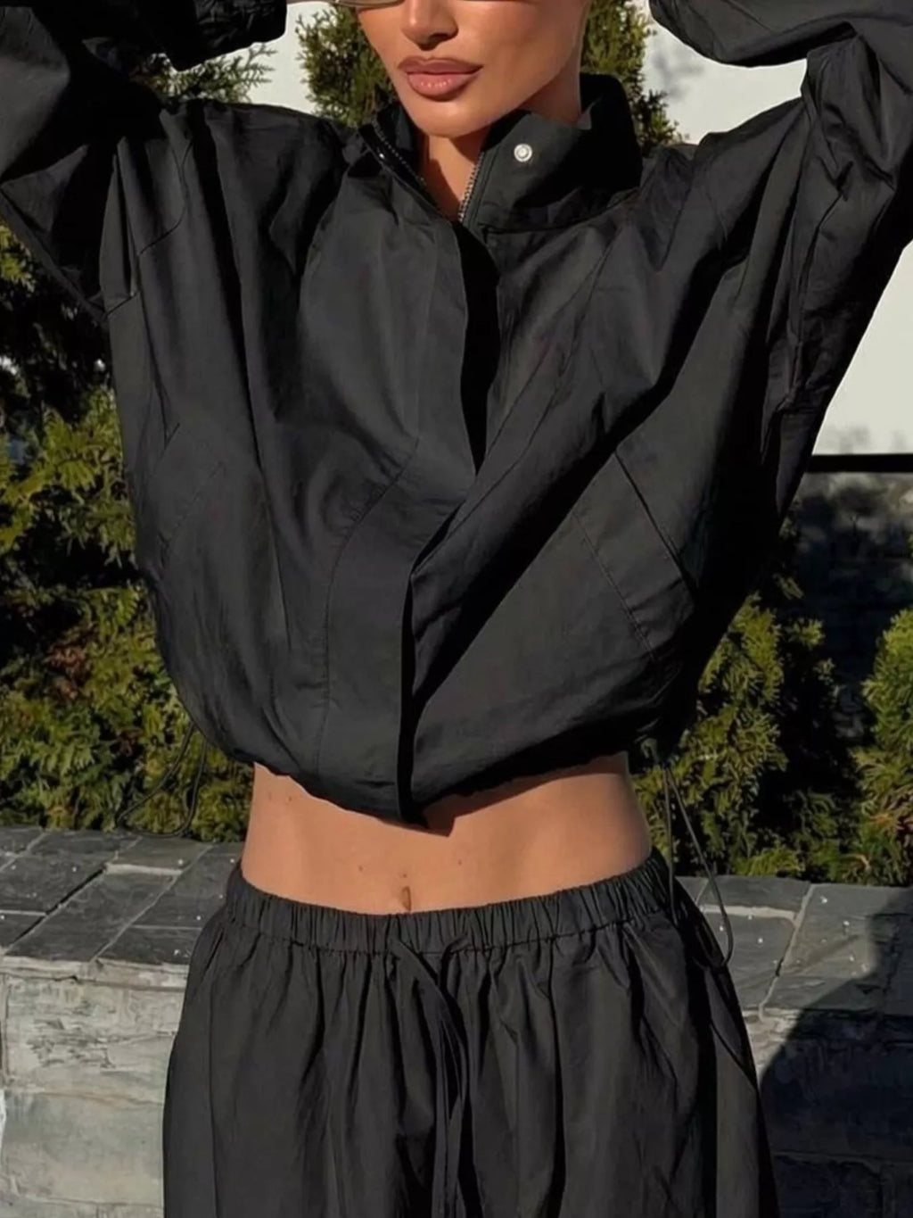 Drawstring Hem Crop Jacket and Wide-Leg Pant Set