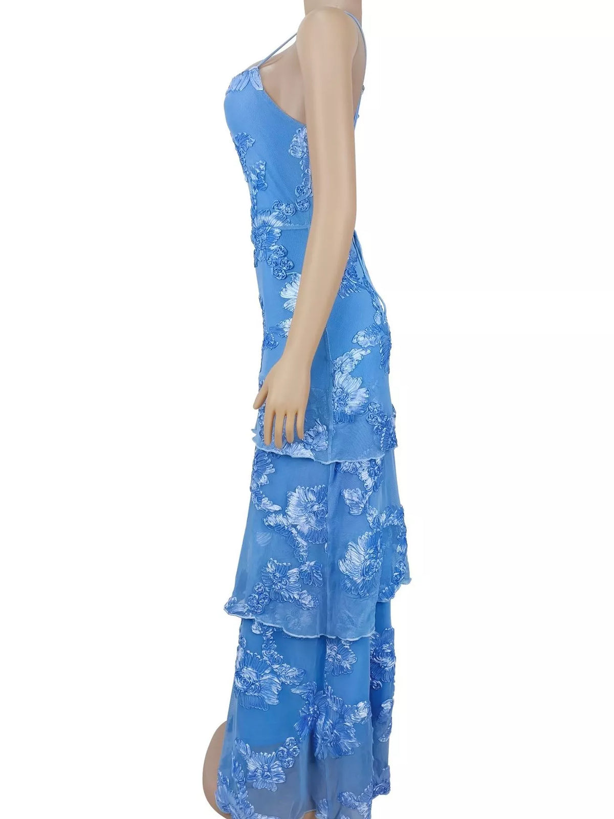 Floral Applique Tiered Maxi Dress with Lace Up Detail