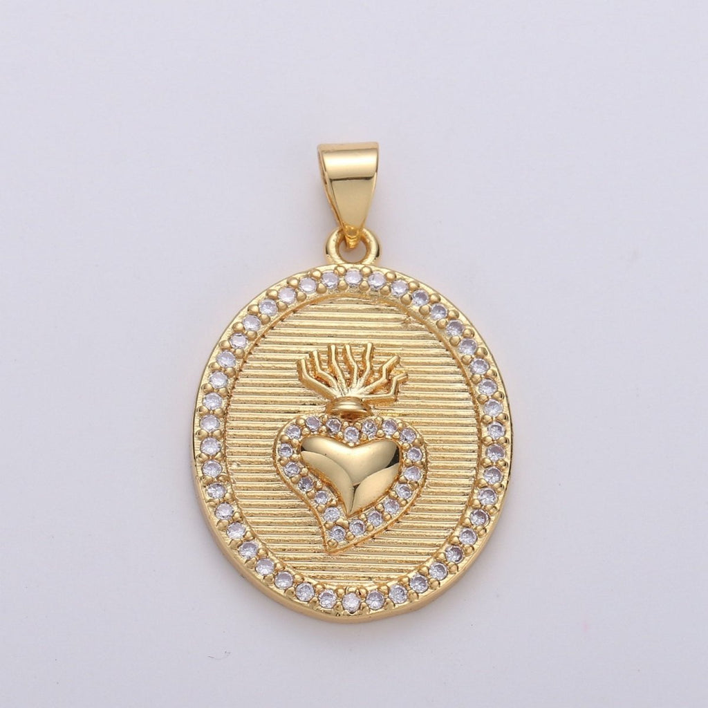 30x20mm 24k Gold Fill Milagro Heart charm, micro pave heart, Medallion heart charms pendant, Sacred Heart Charm bracelet necklace component I-624