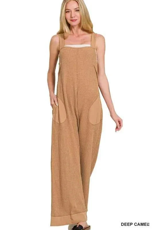 Knit Waffle Wide Leg Overalls with Pockets