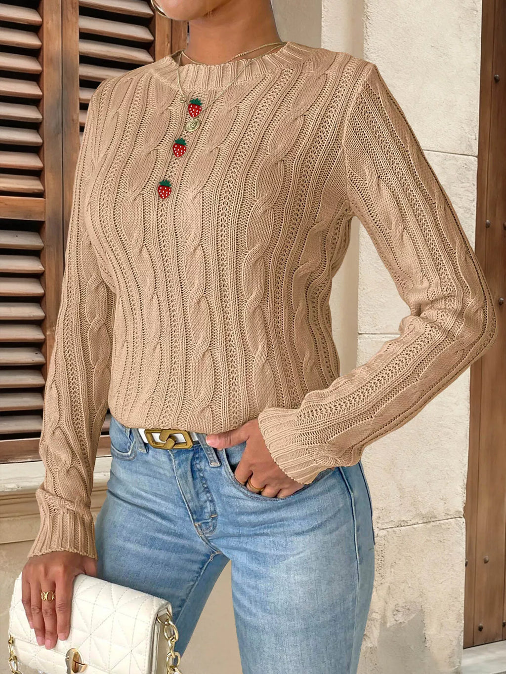 Strawberry Embellished Cable Knit Round Neck Sweater