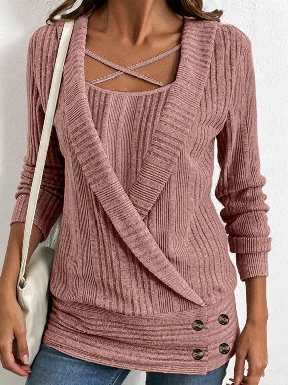 Womens Ribbed Long-sleeve Knit Undershirt With Crisscross Straps