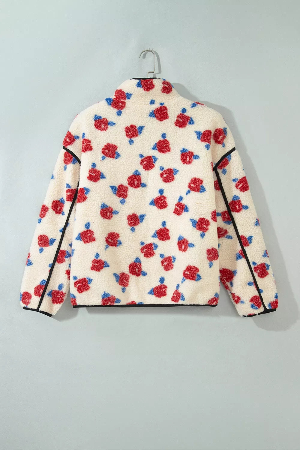 Floral Print Zipper Stand Neck Outerwear Fleece Coat