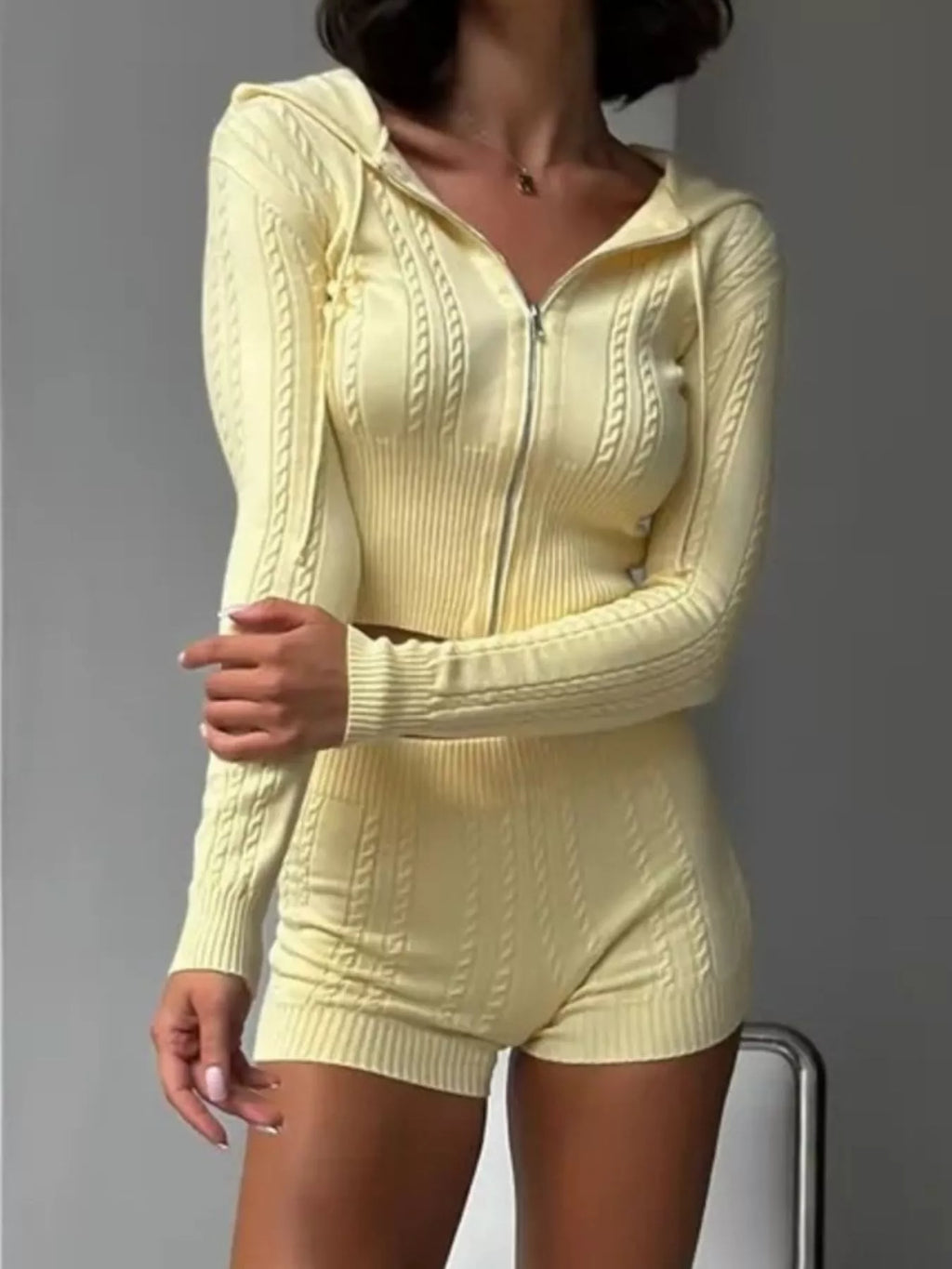 Cable Knit Zip-Up Hooded Top and Shorts Lounge Set