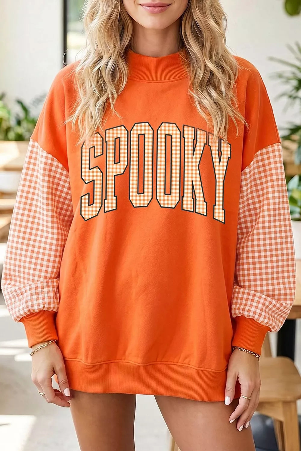 Plaid Contrast Sleeve SPOOKY Letter Graphic Sweatshirt