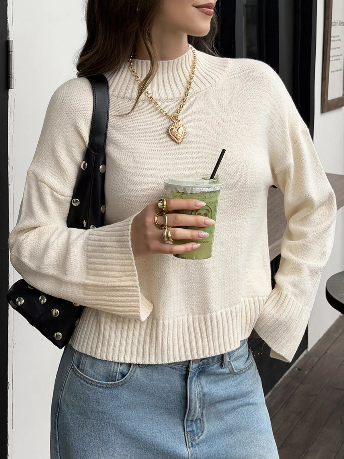 Mock Neck Dropped Shoulder Sweater