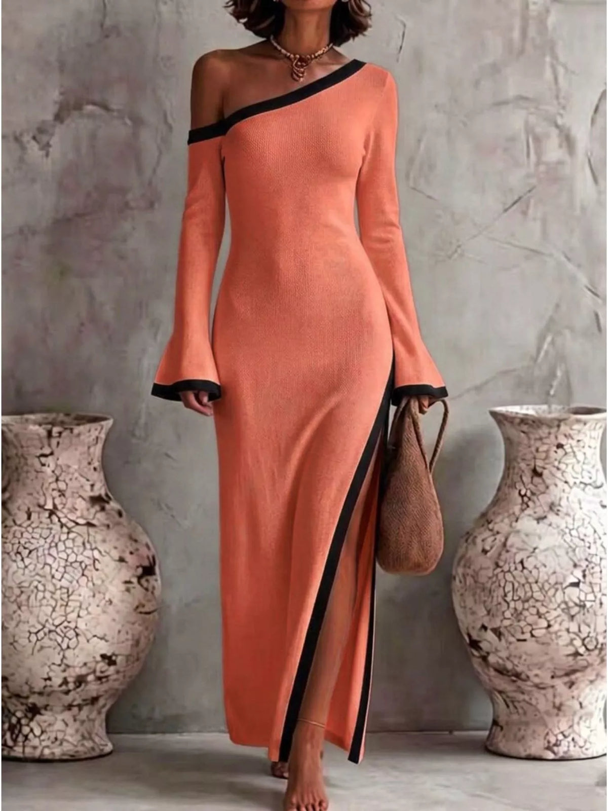 Slit One-Shoulder Contrast Trim Maxi Dress
