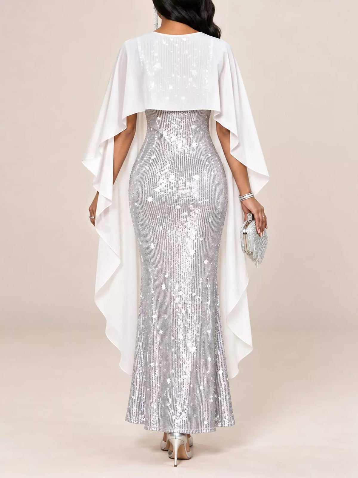 Sequin Cape Overlay Evening Dress