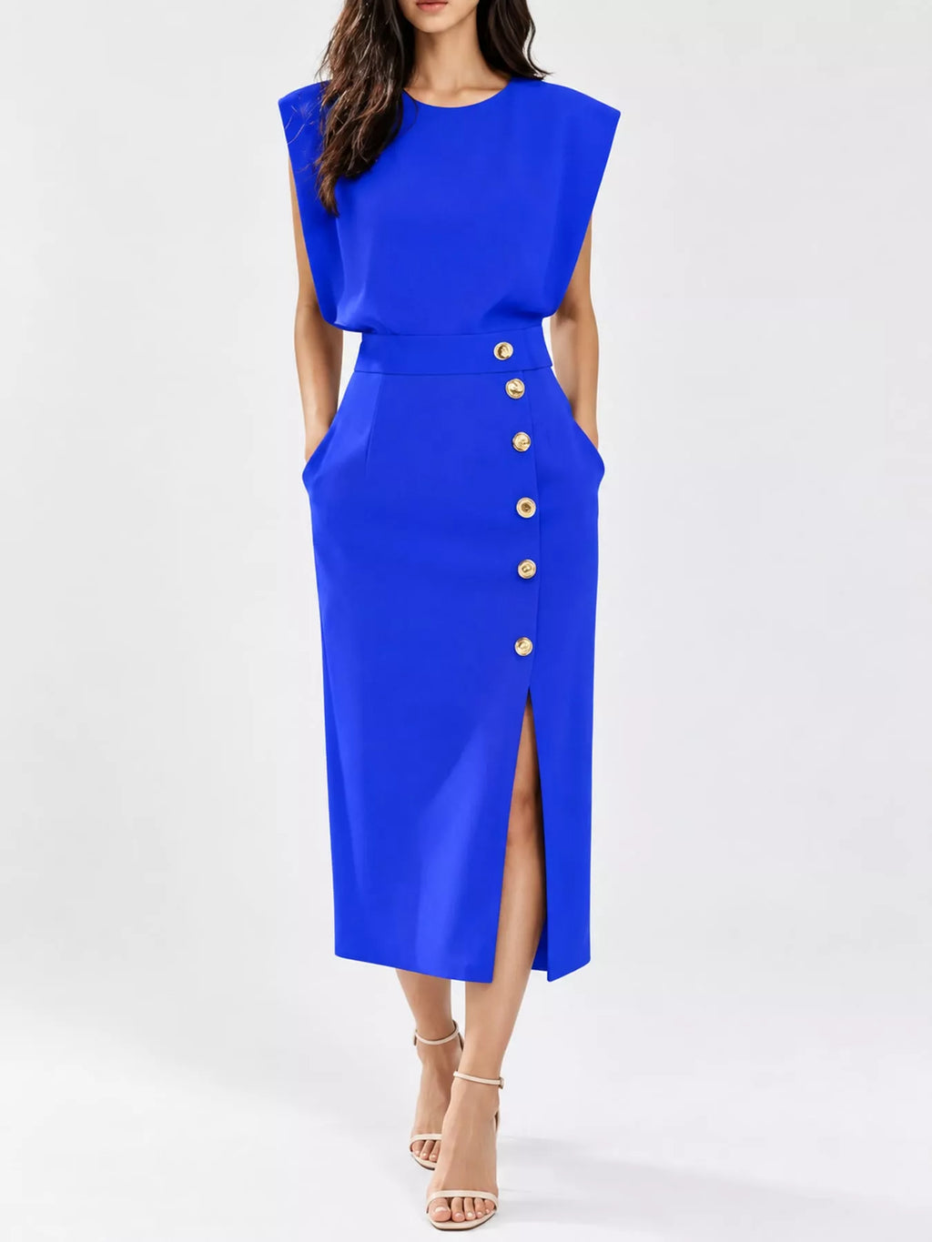 Sleeveless Midi Dress with Gold Button Detail and Side Slit