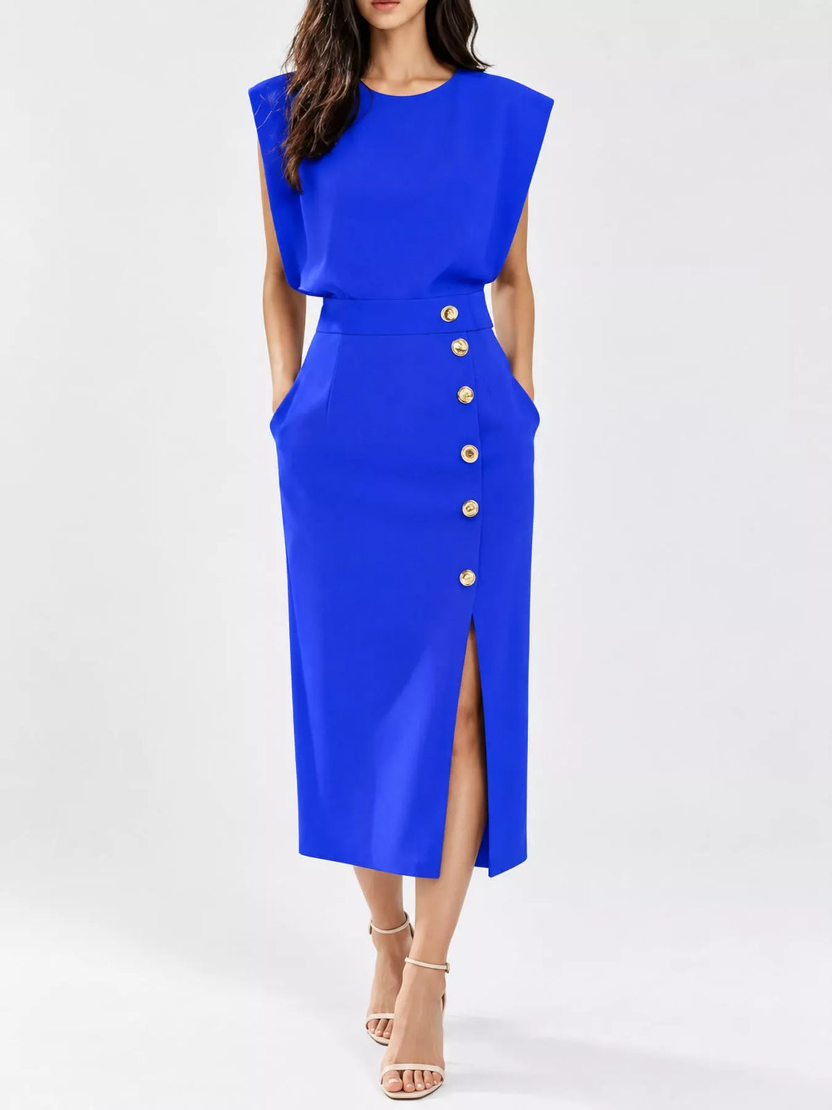 Sleeveless Midi Dress with Gold Button Detail and Side Slit