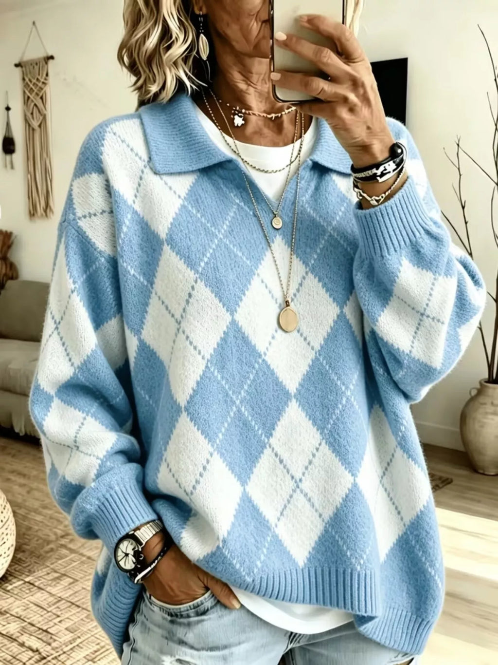 Argyle Pattern Collared Pullover Sweater